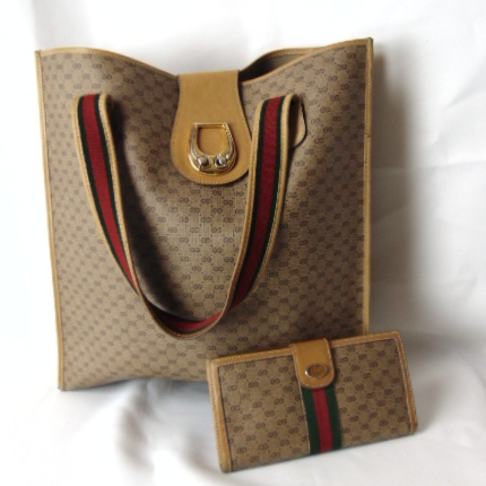 Gucci Beige and Brown Tote Bag with Red and Green Stripes